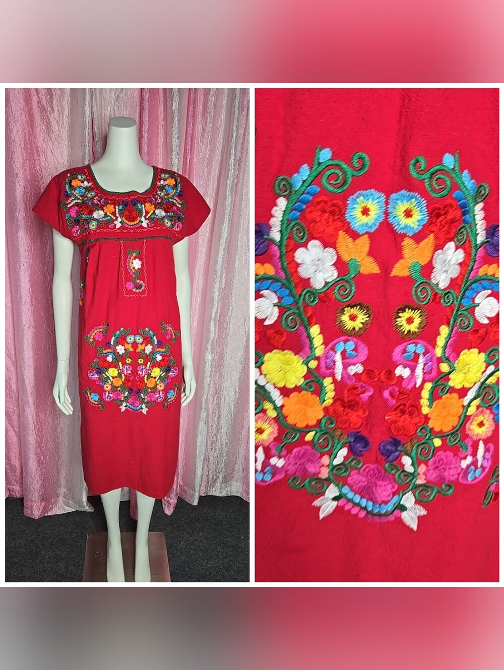 Yzxdorwj Mexican Traditional Red Embroidered Floral  Cotton Dress Size Medium